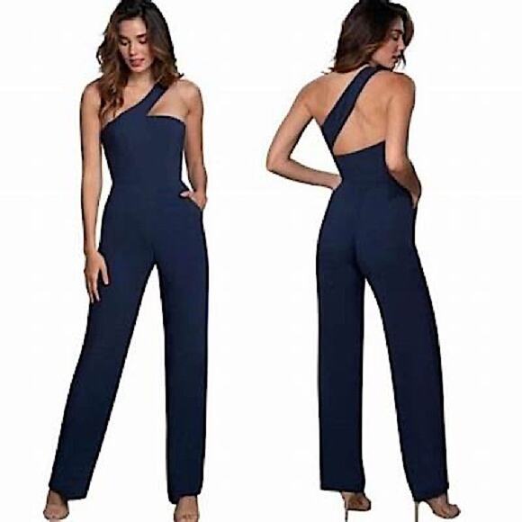 NWT Dress the Population Flippa Navy One Shoulder Asymmetrical Jumpsuit | L - Picture 1 of 8